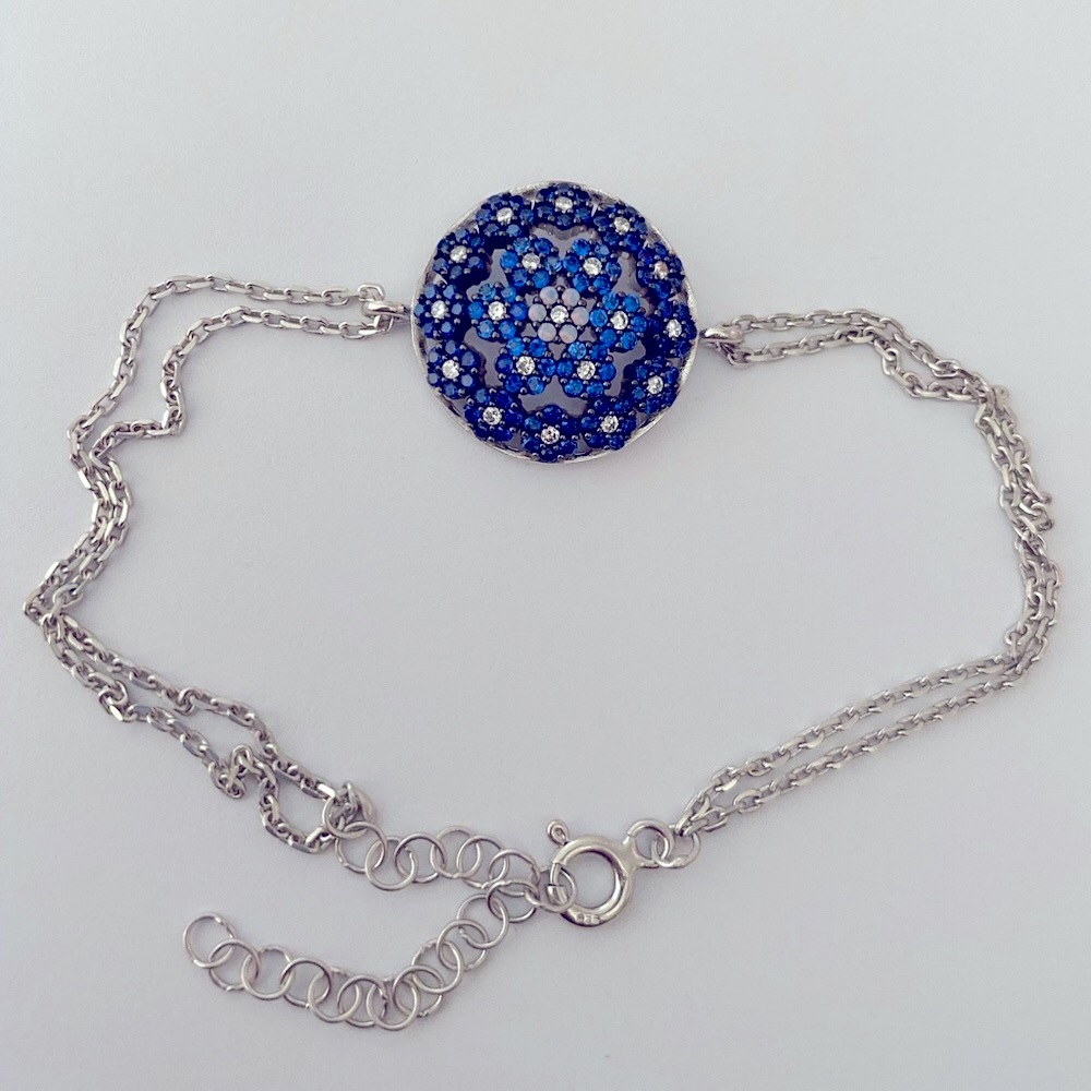 925 Silver round bracelet blue cz rhodium plated